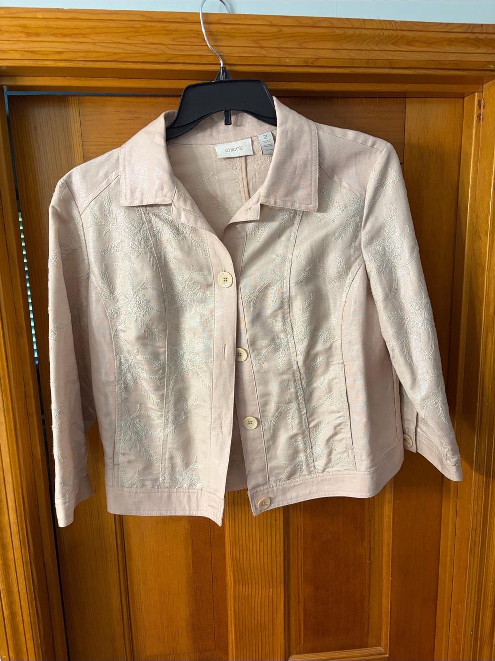 Chico’s Pale Blush Embroidered Jacket